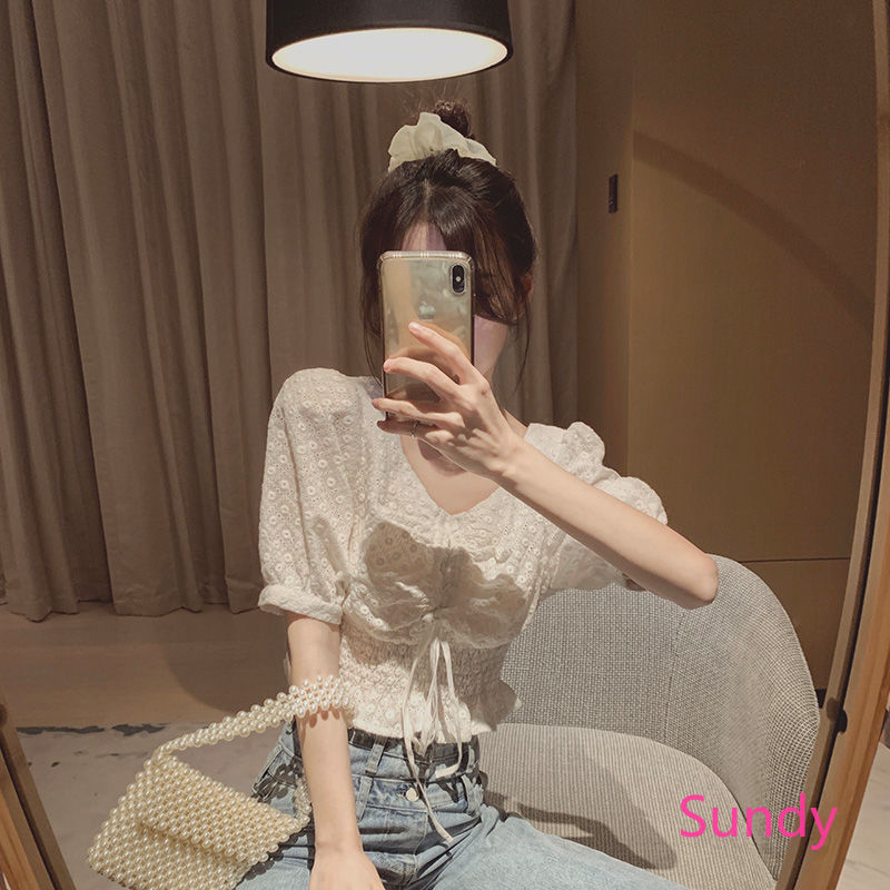 Áo Croptop Tay Phồng Cổ Chữ V Thời Trang Mùa Hè Cho Nữ