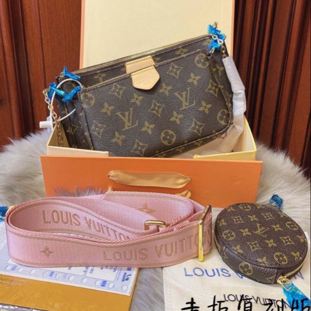 ❇LV Multi- Pochette 🎏 2 MÀU DÂY : HỒNG - RÊU - Size 22 x 10- CHẤT DA THẬT - SET 3 Lệ Vi Siêu Hot