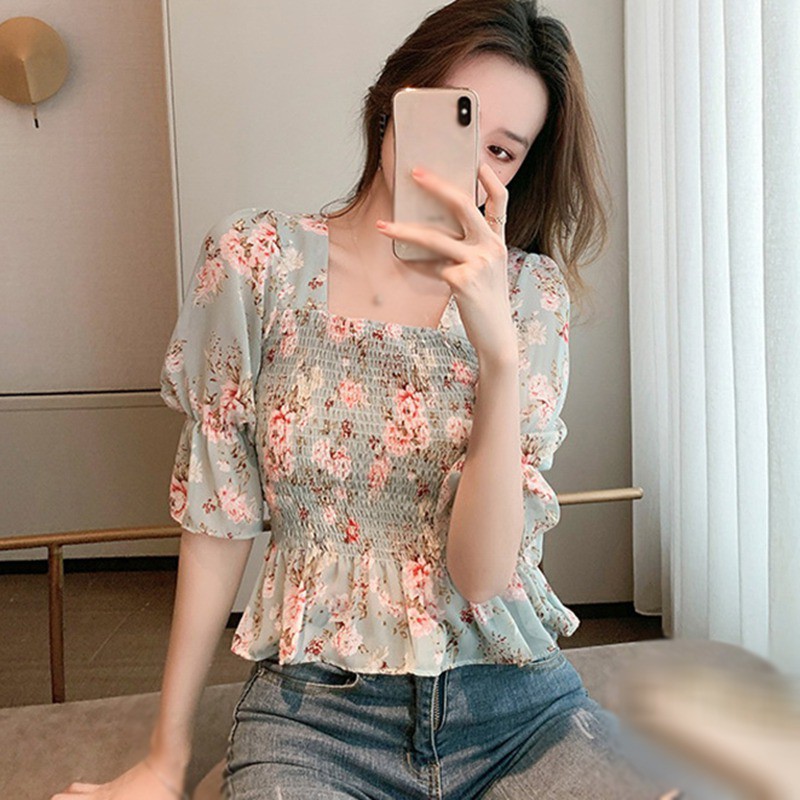 Áo Kiểu Chất Chiffon Tay Ngắn Cổ Vuông Hoạ Tiết Hoa Nữ Tính