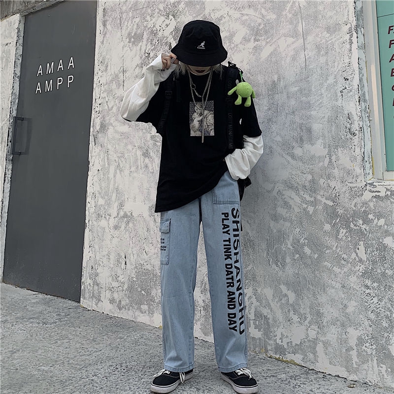 Quần denim ống suông rộng in họa tiết chữ phong cách retro cá tính | BigBuy360 - bigbuy360.vn