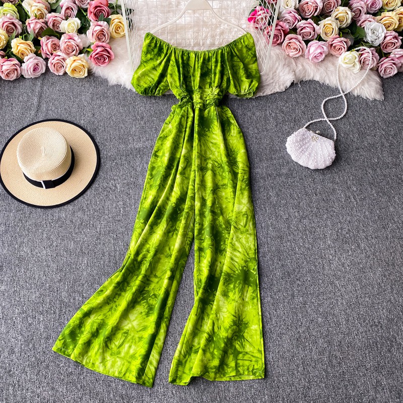 (sẵn xanh)Jumpsuit đồ bay họa tiết loang, bẹt vai tay ngắn, quần ống rộng siêu xinh