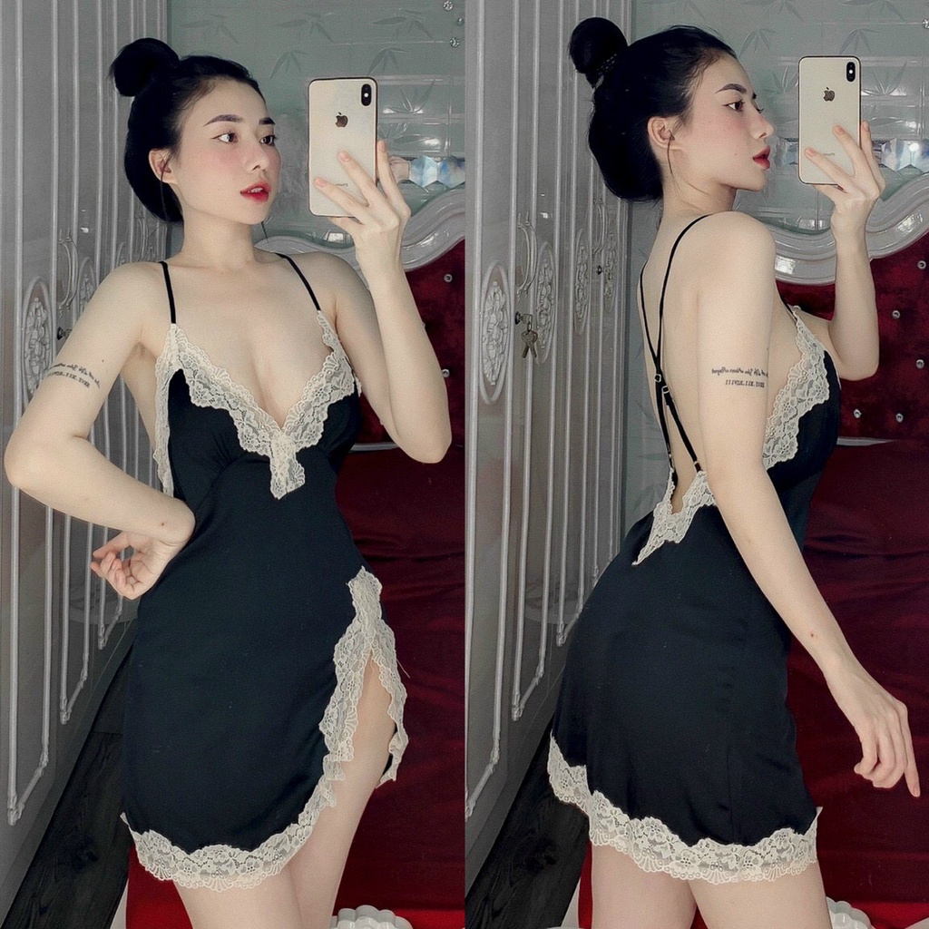 [ Lụa Cao Cấp ] Đầm ngủ sexy 2 dây xẻ đùi phối ren gợi cảm mặc nhà chất liệu lụa satin mềm mịn 004 | BigBuy360 - bigbuy360.vn