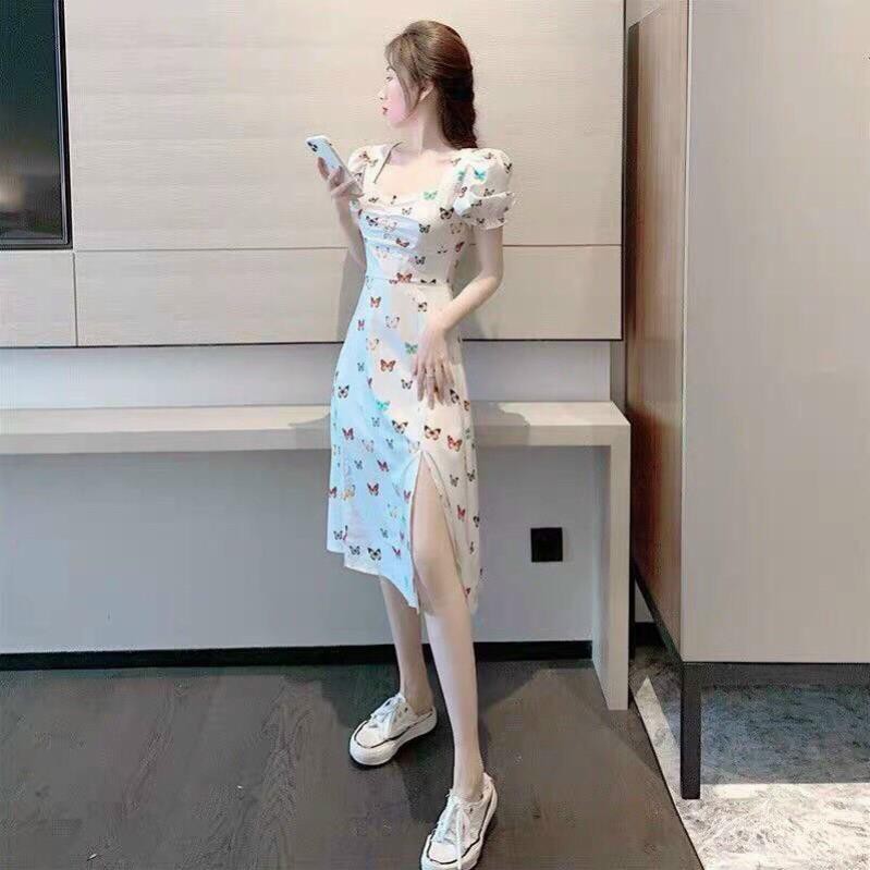Váy cổ vuông dáng xòe họa tiết bướm , đầm nữ xẻ tà tay phồng nằm trong bộ sưu tập đầm ulzzang hot nhất 2021 | BigBuy360 - bigbuy360.vn