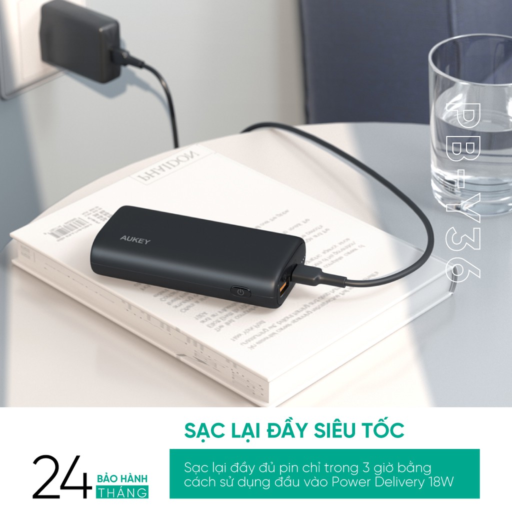 Pin sạc dự phòng Aukey PB-Y36 10.000 mAh Lõi Pin Tesla, PD 18W và QC 3.0 18W, Tích Hợp Đèn Báo Sạc Nhanh - Chính Hãng