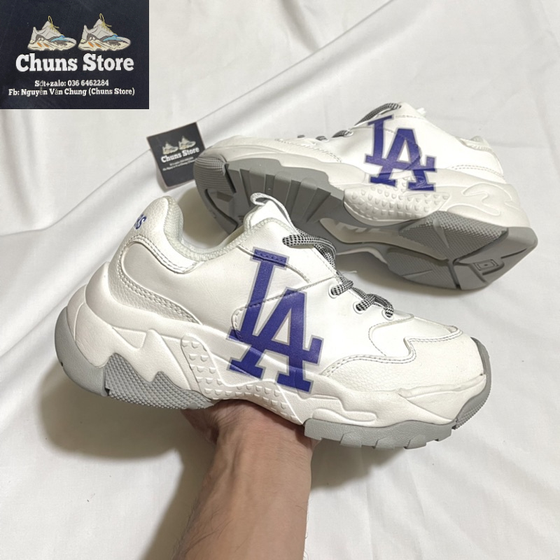 Giày MLB LA trắng đế xám hình in cao cấp giày MIB chữ LA xanh full box bảo vệ túi xách