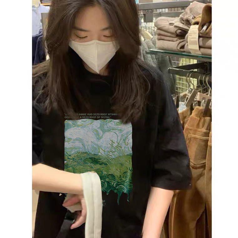 Áo thun SELVZE cotton tay ngắn dáng rộng in họa tiết phong cách Mỹ cổ điển thời trang cho nữ