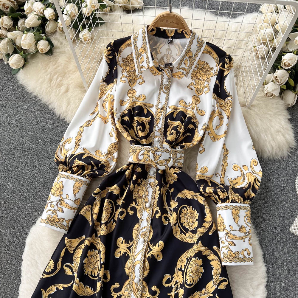 #2088  Đầm phong cách retro cổ sơ mi dài tay kèm thắt lưng họa tiết bắt mắt