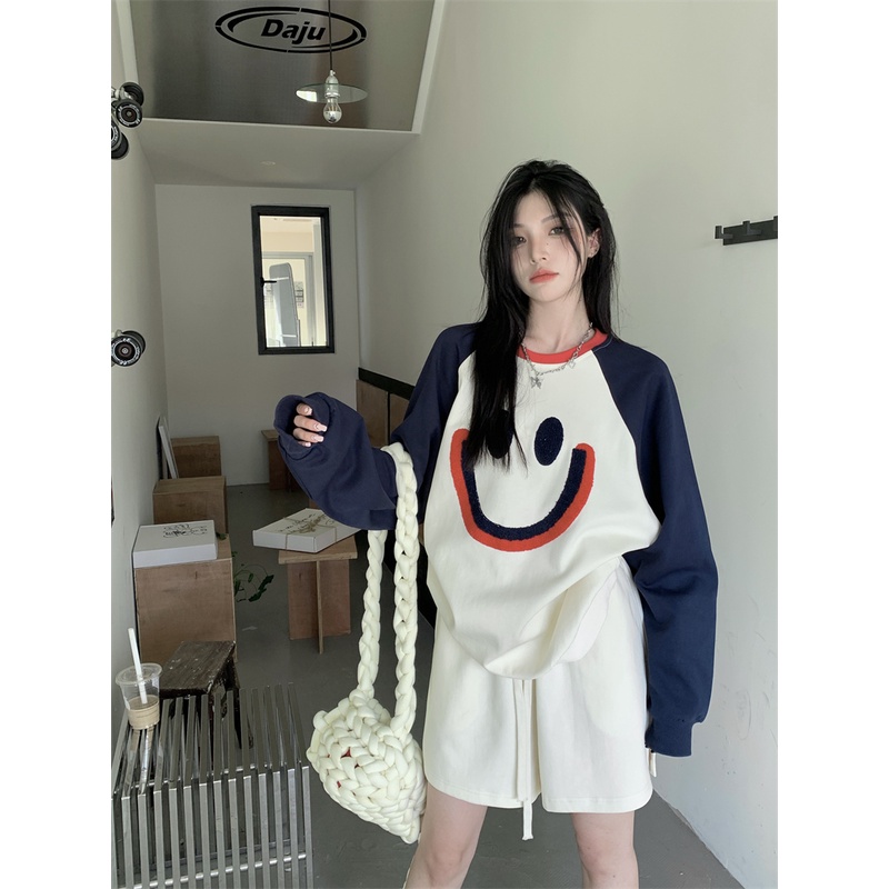 Áo Sweatshirt Cổ Tròn Dáng Ôm In Họa Tiết Mặt Cười Phong Cách Vintage Dành Cho Nữ