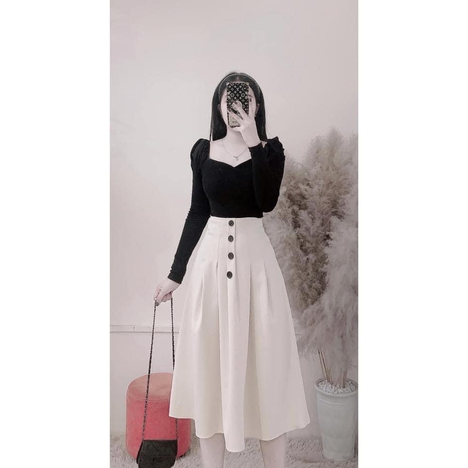 Set váy nữ tiểu thư chân váy nút màu da phối với áo thun tay dài thời trang dạo phố, công sở Quocanh