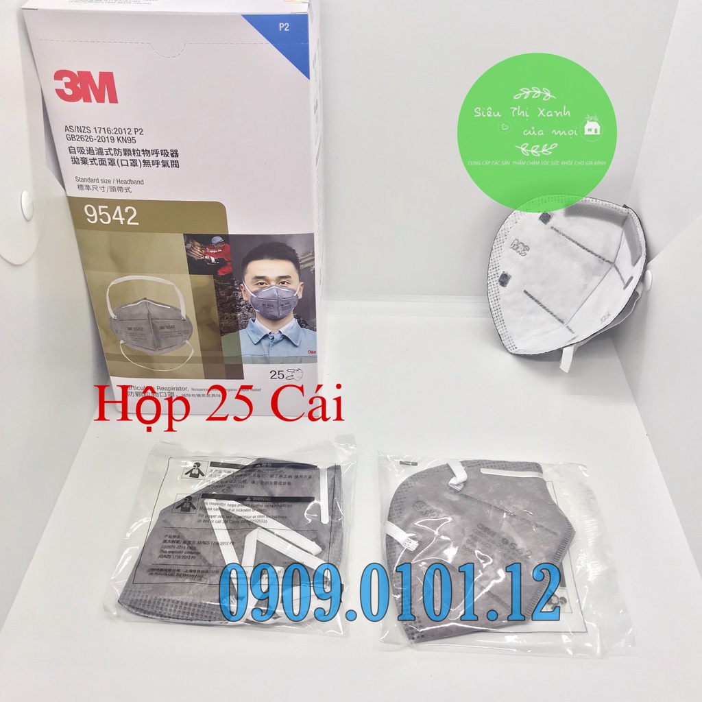 khẩu trang 3m 9542 chính hãng, khẩu trang n95 cao cấp đệm mũi lọc than hoạt tính tiệt trùng đóng bịch kín riêng từng cái