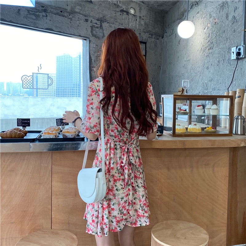 Đầm hoa SUXI tay ngắn cổ chữ V dáng chữ A phong cách cổ điển đơn giản thời trang mùa hè cho nữ