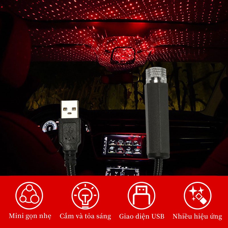 Đèn Led Chiếu Trần Xe Hơi, Đèn LED USB chiếu hình bầu trời sao, tạo bầu không khí thích hợp trang trí bên trong xe hơi