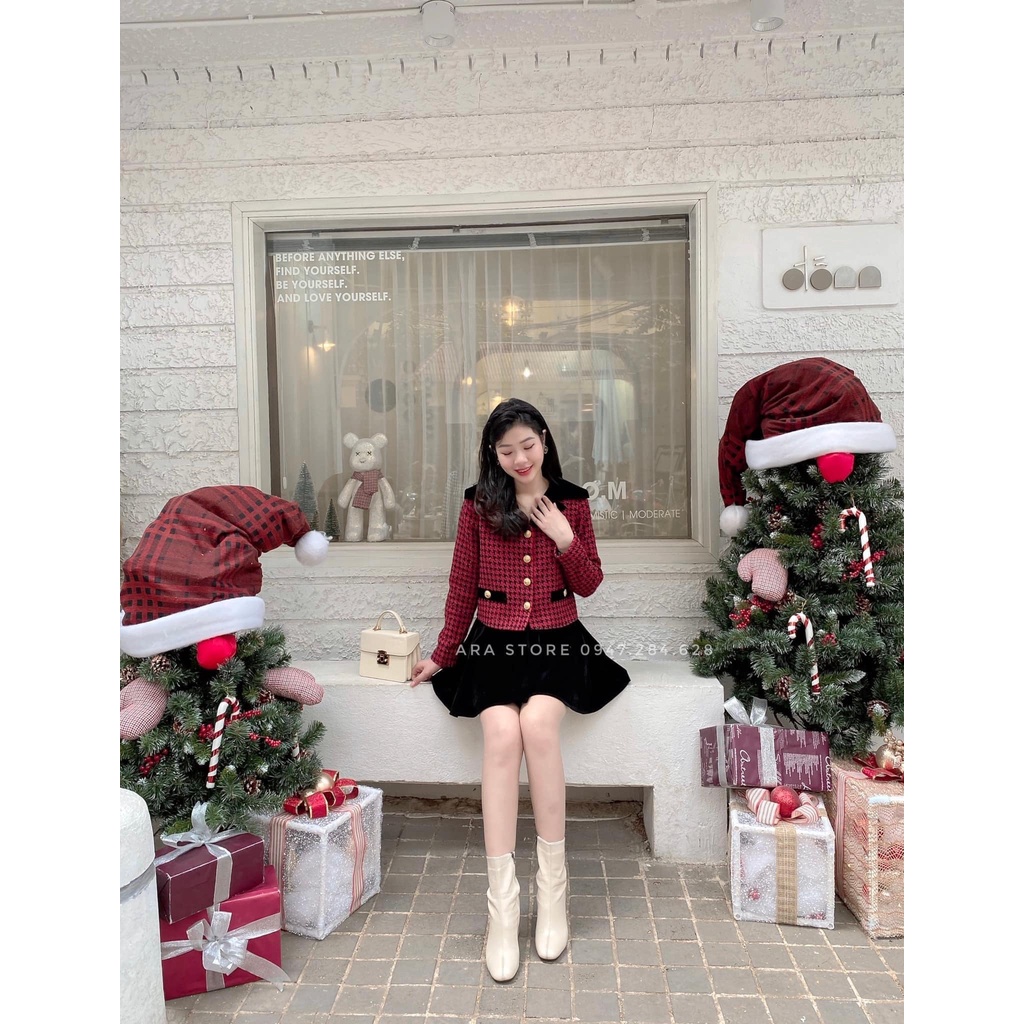 Set váy áo dạ đỏ kẻ cao cấp Ara Store | BigBuy360 - bigbuy360.vn