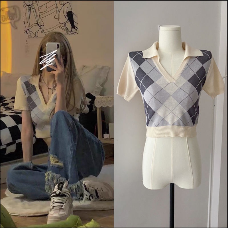 Áo Thun Dệt Kim Tay Ngắn Phong Cách Hàn Quốc Cho Nữ