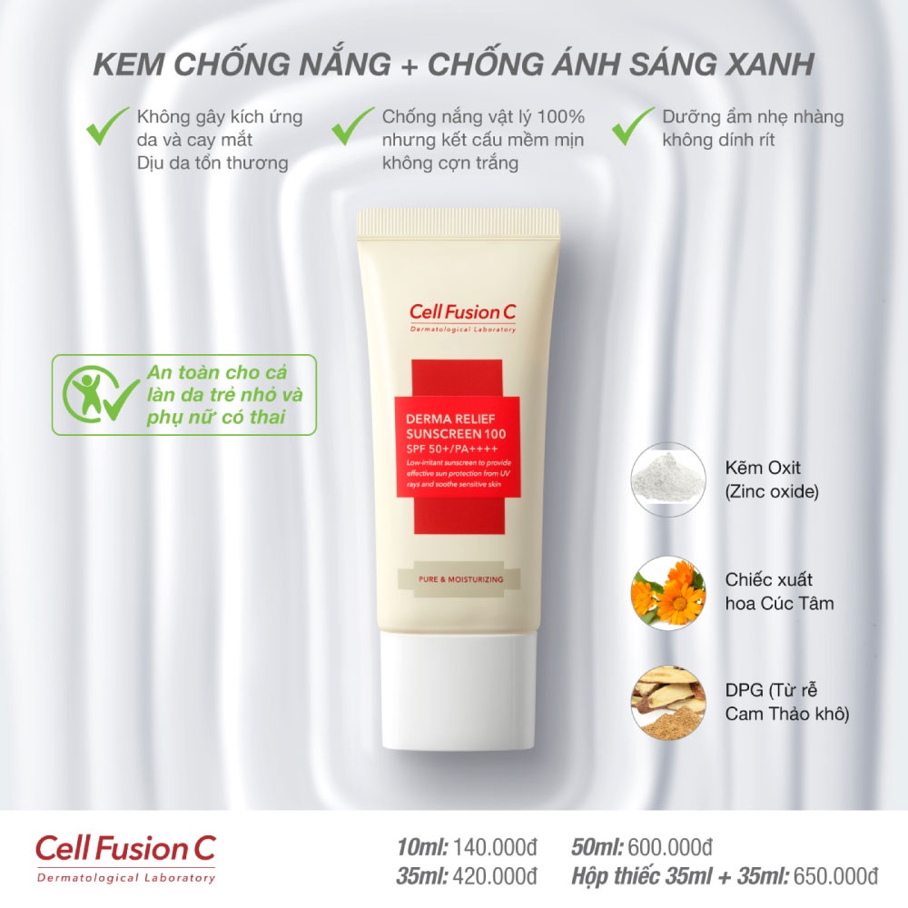 Kem Chống Nắng Thuần Vật Lý Chống Ánh Sáng Xanh Cho Da Nhạy Cảm Cell Fusion C Derma Relief Sunscreen 100 SPF 50+/PA++++