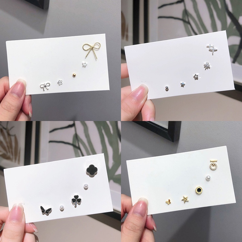 Bông Tai 5 Pcs Set Korea Bow Clover Earrings Fashion Crystal Silver / Gold Party Earring Women Jewelry Gift