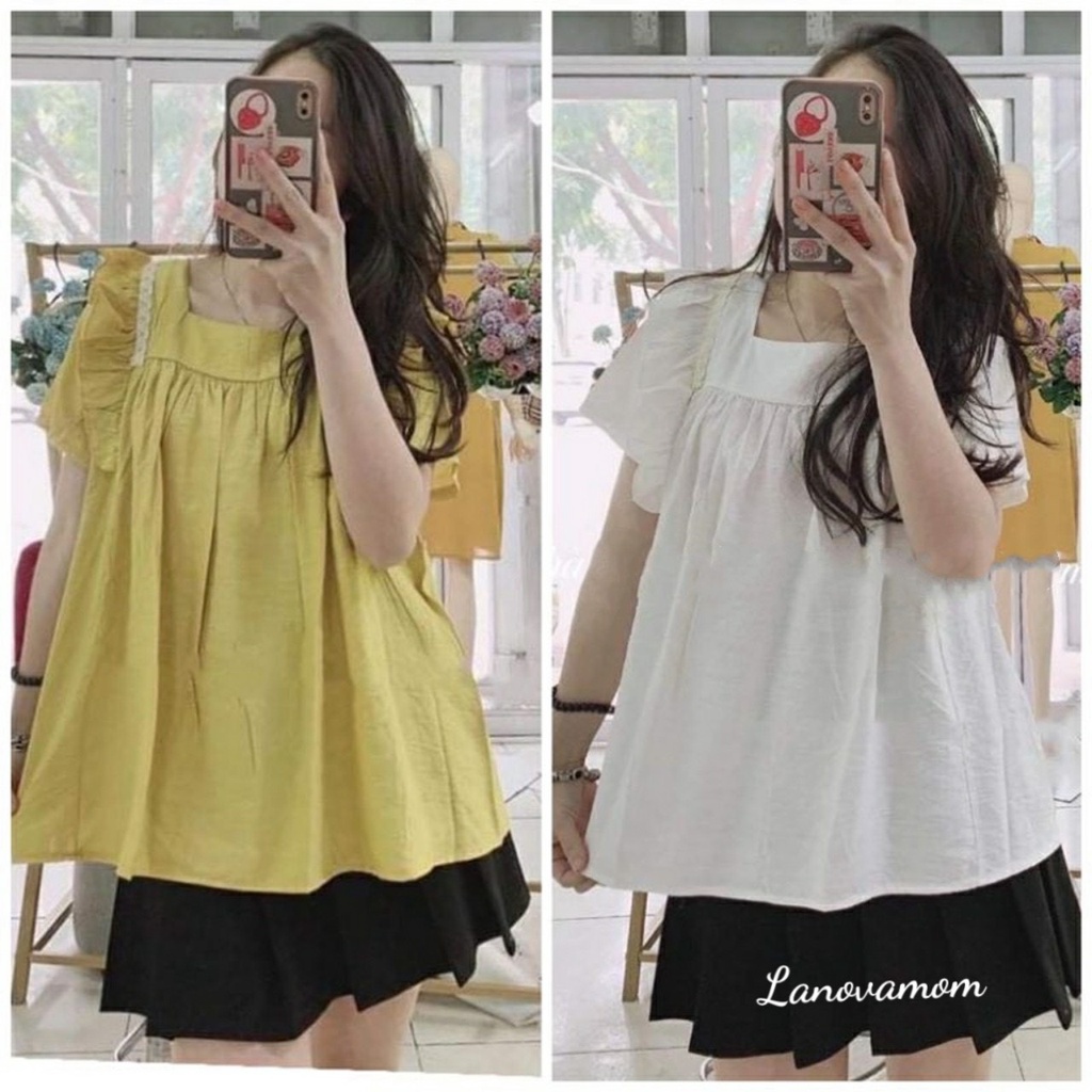 Áo Bầu Chất Đũi Tay Phối Bèo, Kiểu Dáng Babydoll Có Khóa Ti Mặc Bầu Và Sau Sinh Điệu Đà A23