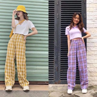Quần Kẻ Caro Ống Rộng Lưng Chun