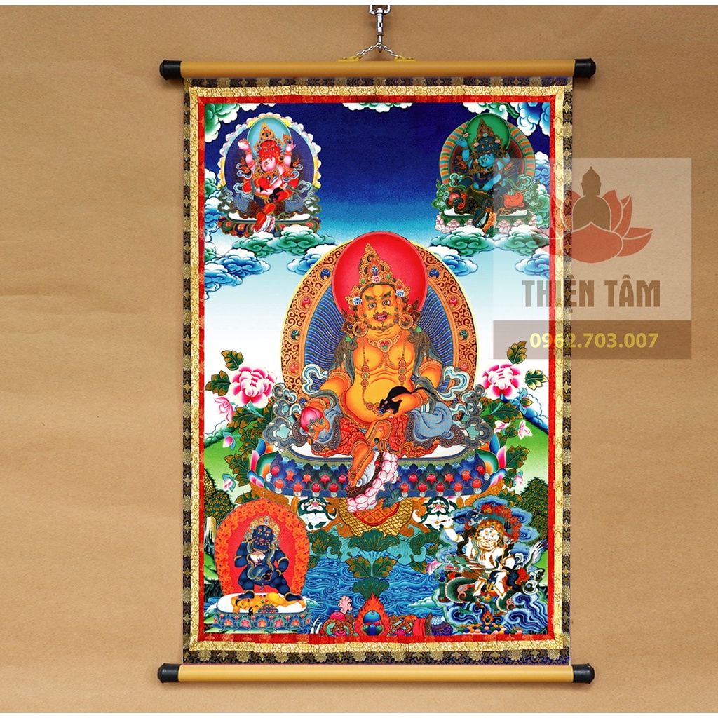 Tranh mật tông thangka Ngũ bộ Thần Tài Jambala Tây Tạng 40x60cm bằng vải phủ bóng cao cấp dày dặn