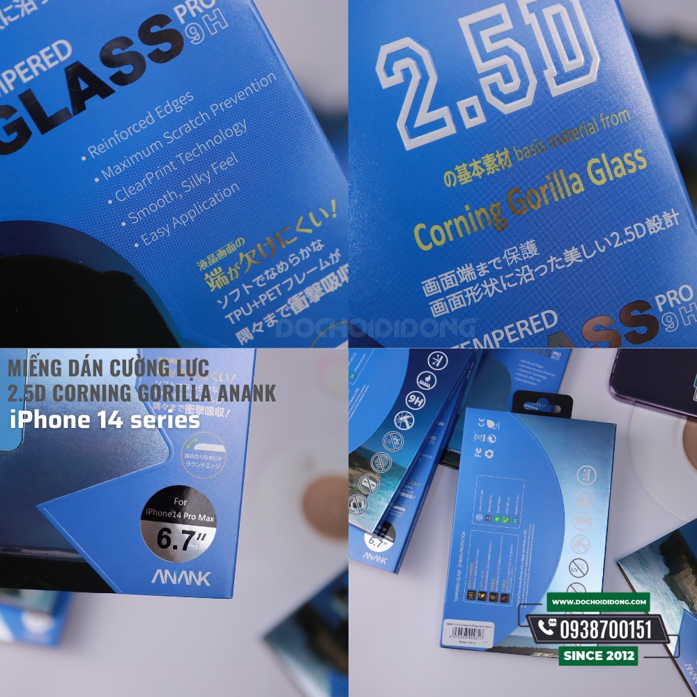 Miếng dán cường lực cho iPhone 13 - 13 Pro - 13 Pro Max- 14 -14 Plus - 14 Pro - 14 Pro Max 2.5D Corning Gorilla ANANK