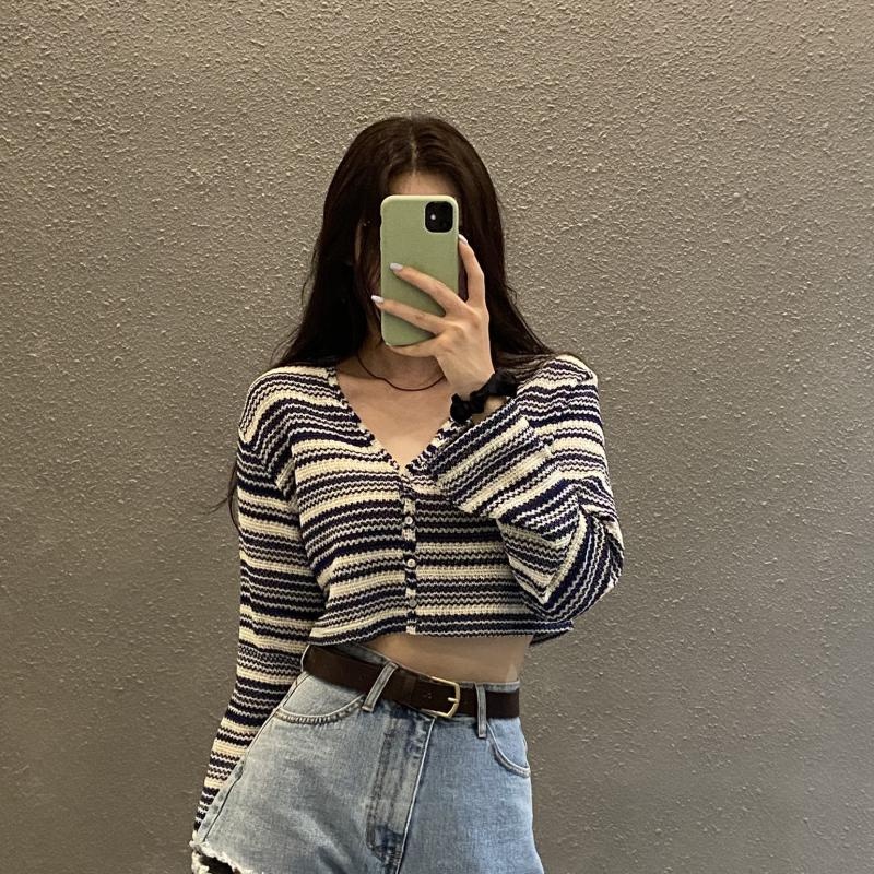 Áo cardigan ZHELIHANGFEI dệt kim tay dài cổ chữ V họa tiết kẻ sọc
