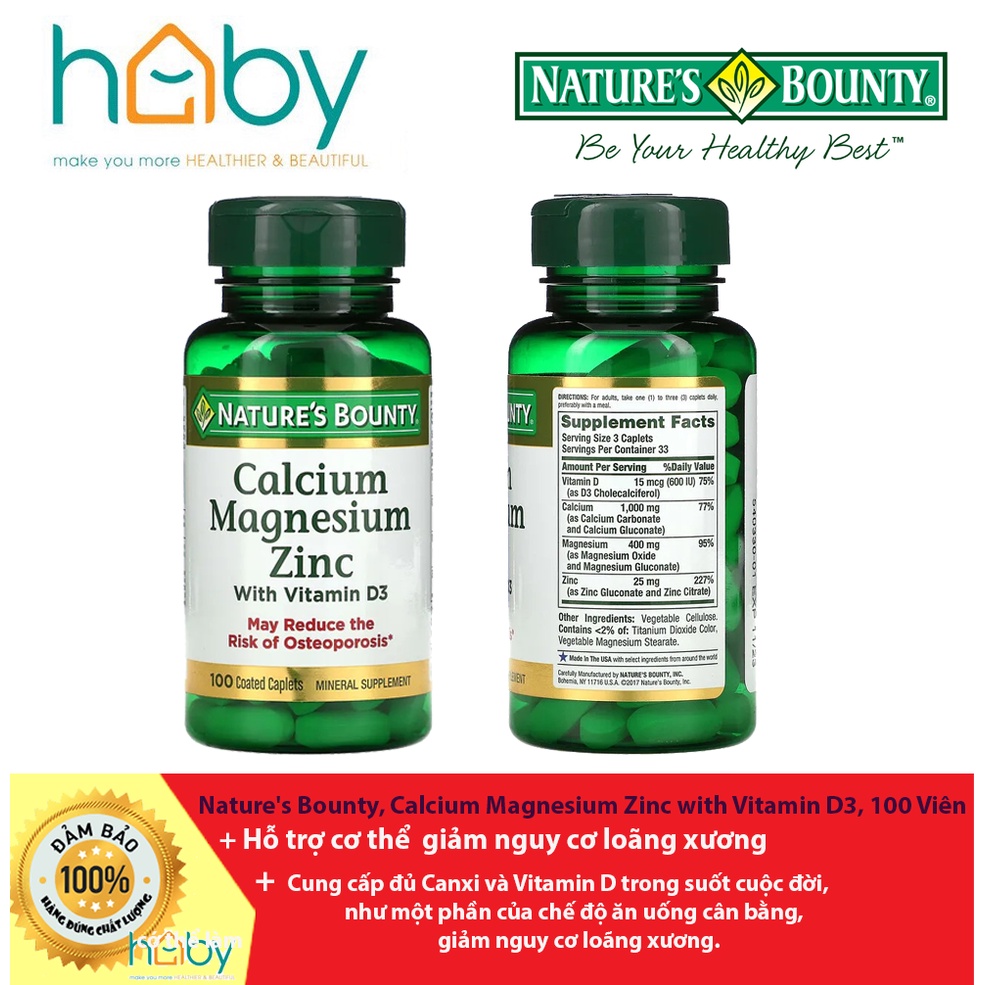 Viên uống Nature's Bounty, Calcium Magnesium Zinc with Vitamin D3, 100 Viên
