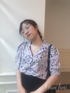 Áo kiểu vintage hoa tím tay bồng (hình thật)