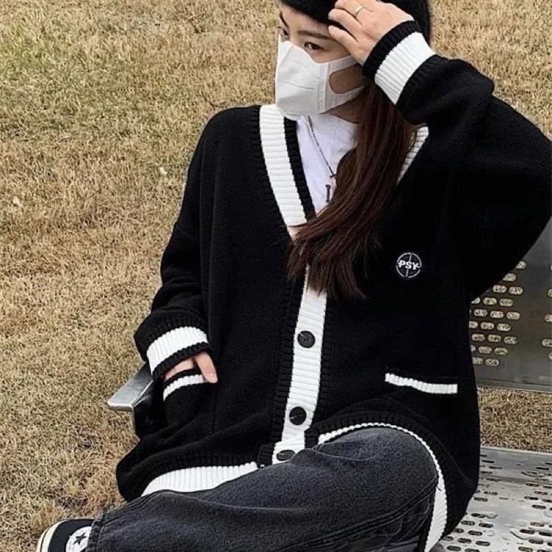 Áo KHOÁC CARDIGAN Nam Nữ Logo PYS Màu Đen Viền Áo Trắng Form Rộng  chew