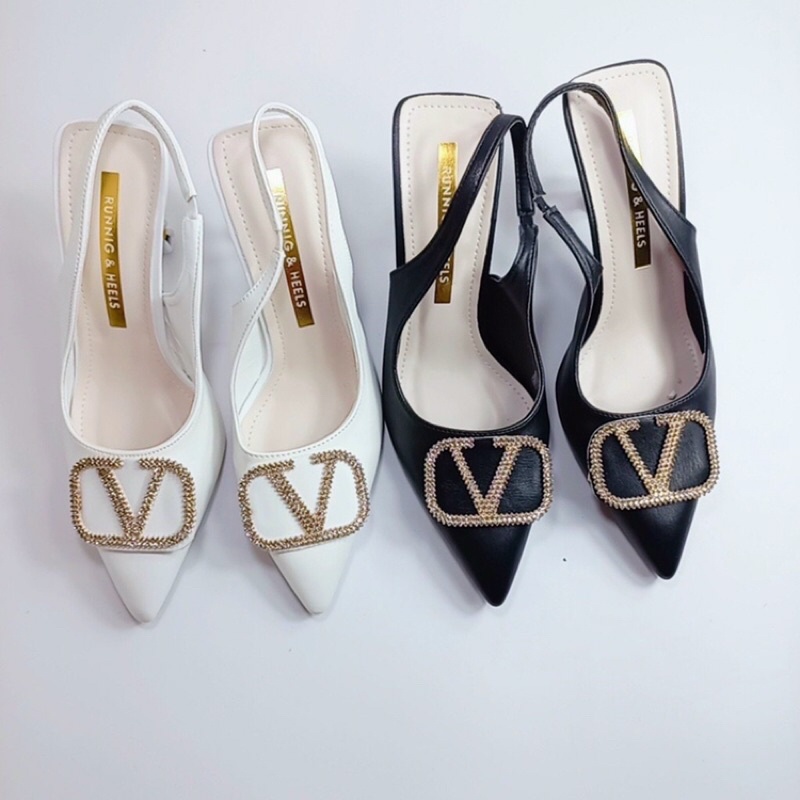 Giày cao gót da sần mũi nhọn tag V đá vàng hở gót cao 7-8p hàng loại 1 cực đẹp