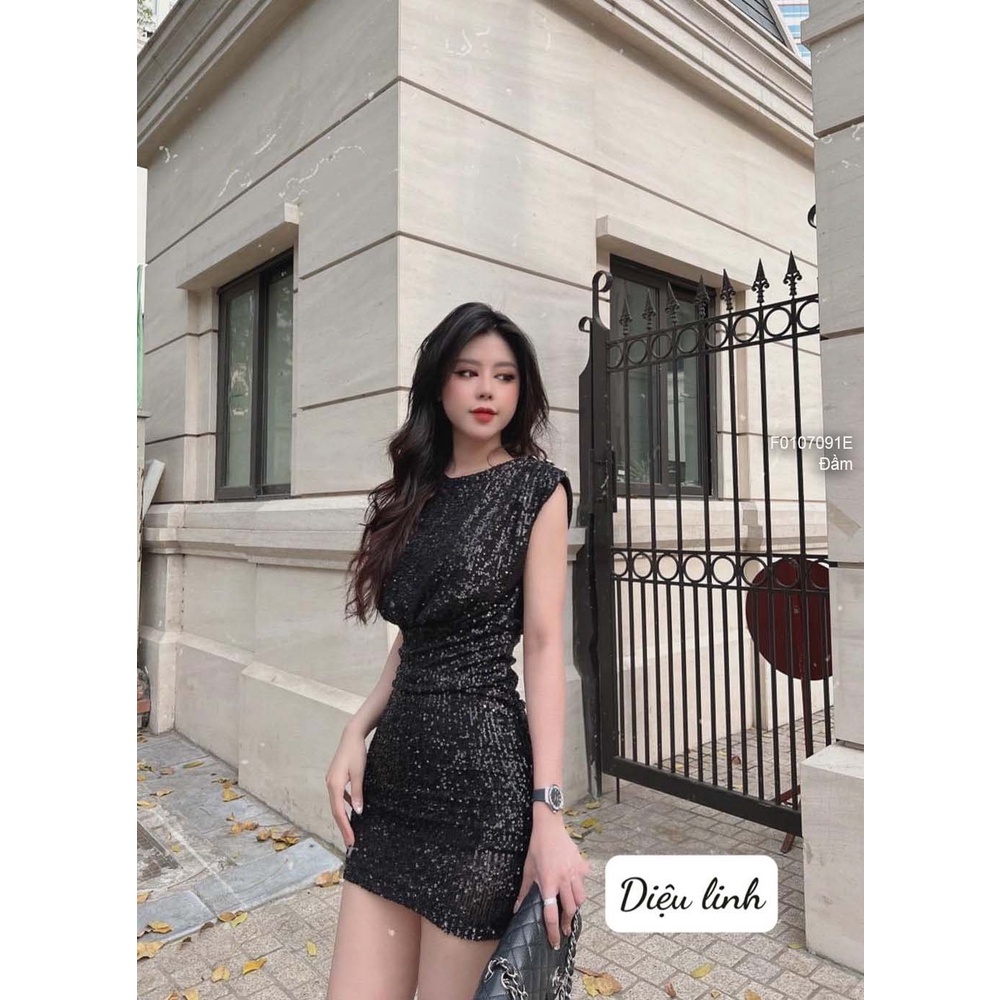 Đầm ôm body kim sa có độn vai đính khuy sát nách sang chảnh!