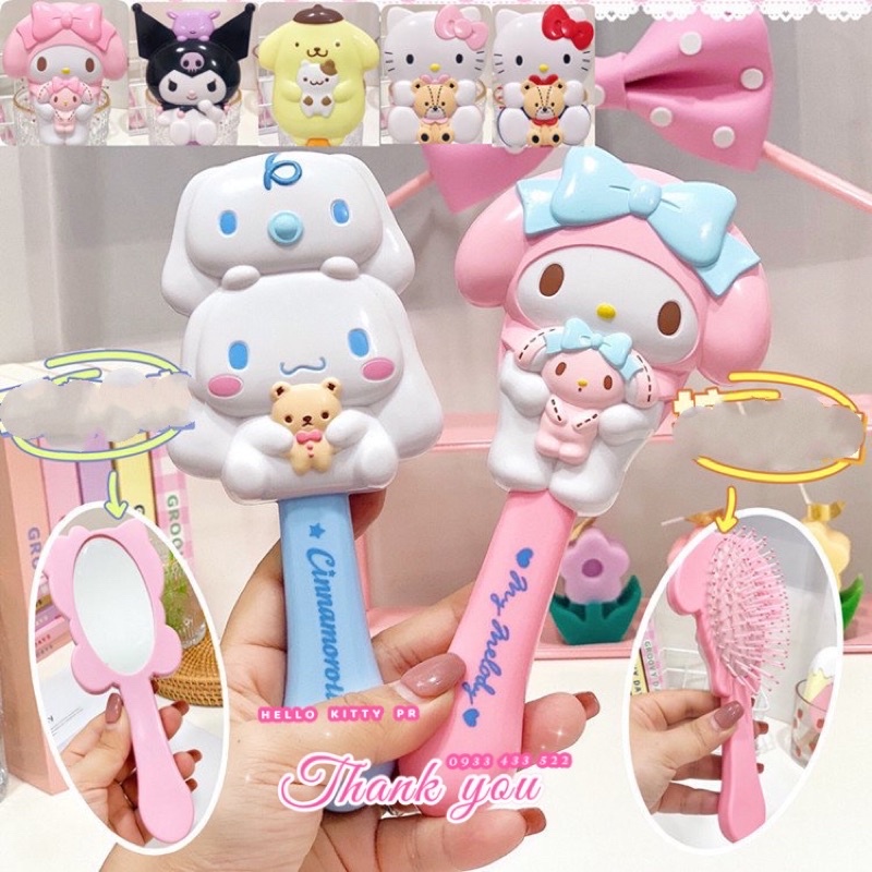 Lược massage túi khí + tay cầm gương trang điểm Hello Kitty