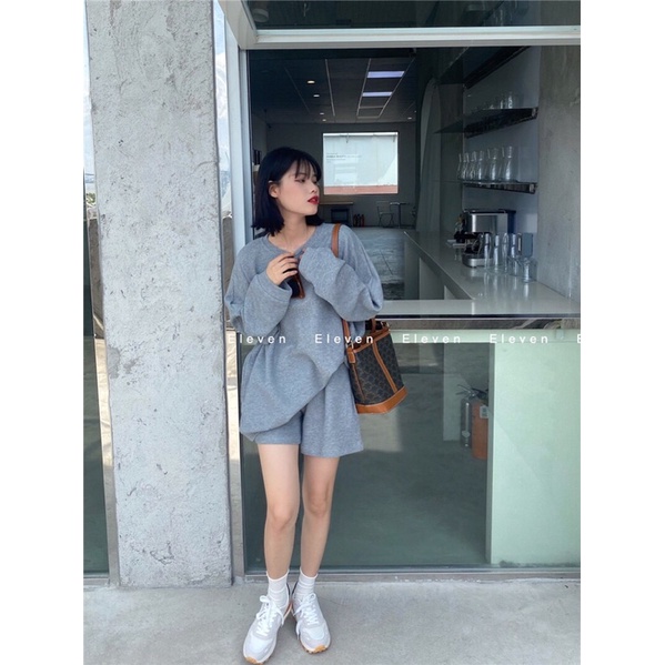 Set thể thao 2 món áo tay dài form rộng + quần short ngắn thời trang