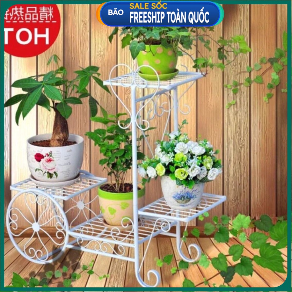 Giá sắt để chậu hoa, cây cảnh 4 tầng hình bánh xe .