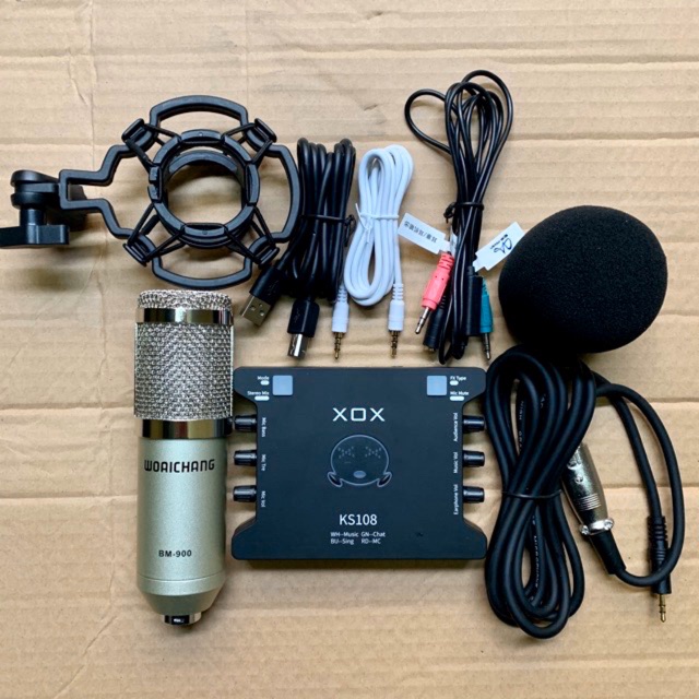 Combo thu âm livestream mic bm900-sound card xox ks108 kèm dây livestream 3 màu