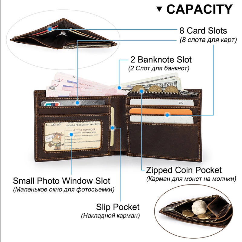 CONTACT'S Ví Da Ngựa Dáng Ngắn Gập Đôi Đựng Thẻ Tín Dụng / Tiền Xu Có Khóa Kéo Cho Nam
