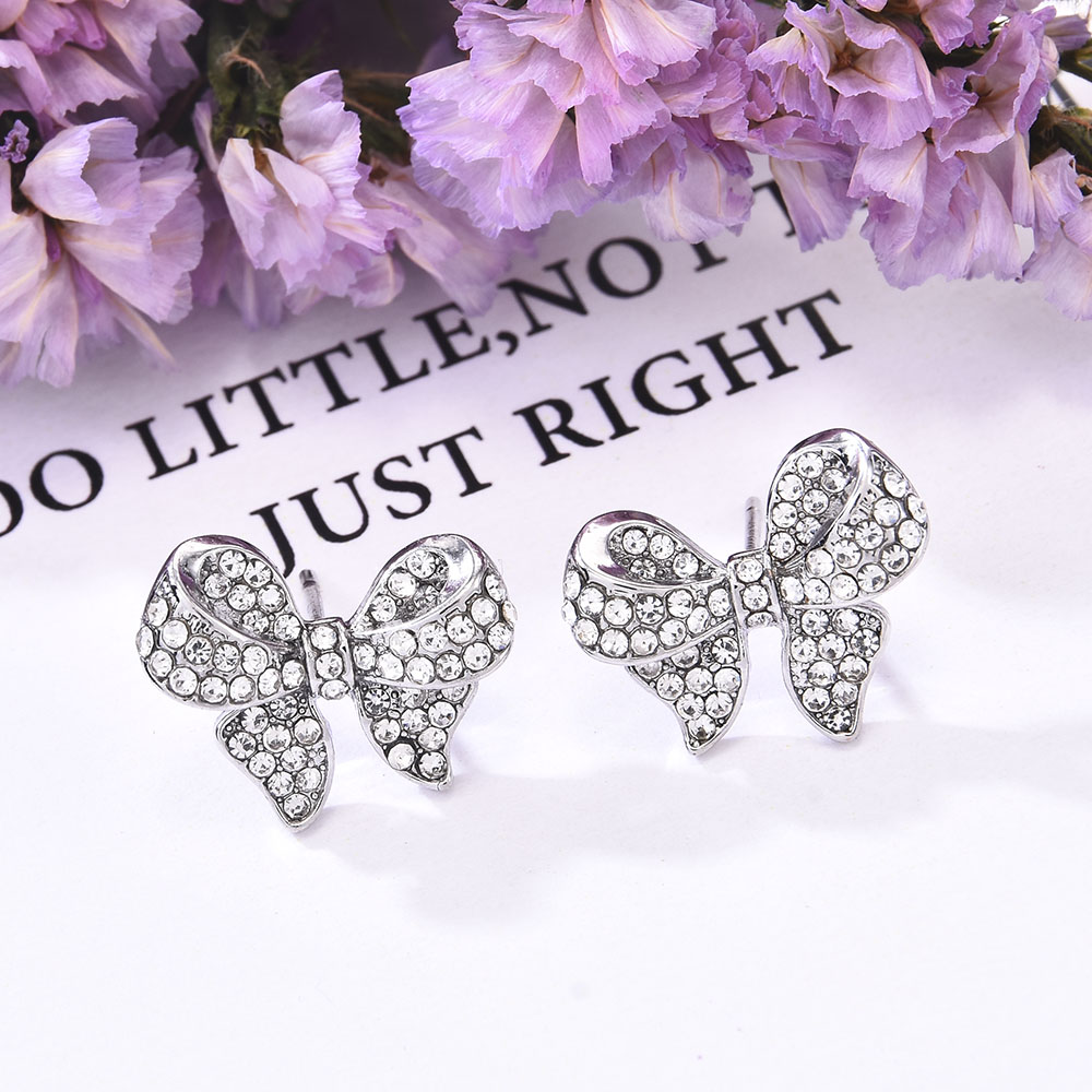 Hoa Tai Xi Bạc Phối Nơ Đính Đá Lấp Lánh Cho Nữ