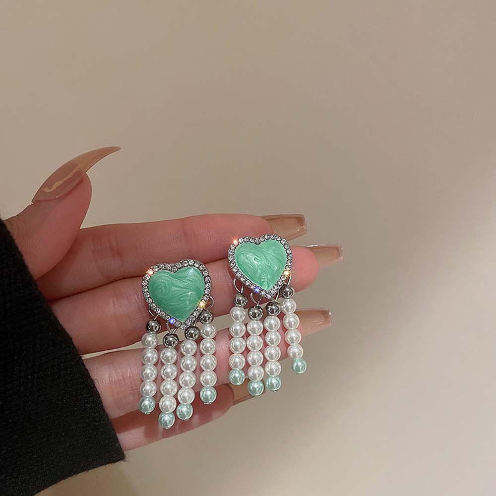 Khuyên Tai Hình Trái Tim Màu Xanh Lá Cây Dễ Thương Dành Cho Bạn Gái|Khuyên Tai Nữ Trang Dáng Dài Tạo Hình Độc Đáo