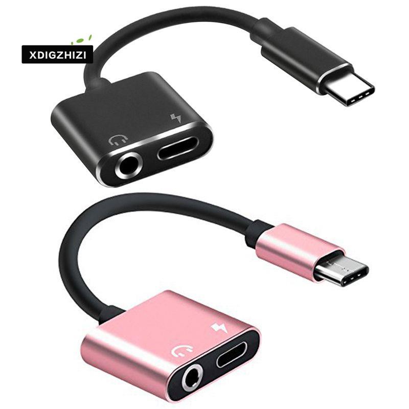 2pcs 2 In1 Type-C to 3.5mm Headphone Jack Adaptor/Connector Charger - black & Rose gold