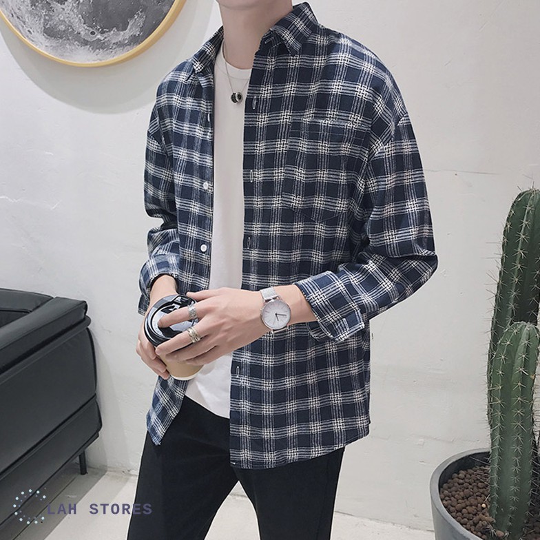 Áo sơ mi nam form rộng dài tay kẻ caro phong cách Hàn Quốc | BigBuy360 - bigbuy360.vn