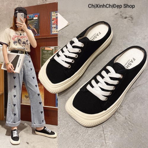 Giày đạp gót nữ mũi vuông | Giày sục nữ vải canvas ulzzang