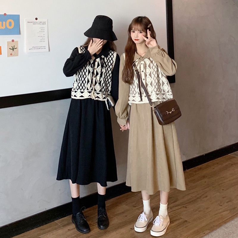 Set Đồ Đôi Thu Đông Big Size Chị Chị Em Em, Áo Gile Len Mix Đầm Nhung Bo Eo Co Giãn