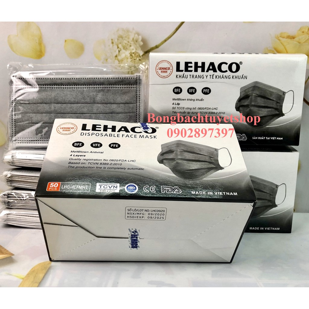 Khẩu trang Y tế Lehaco 4 lớp Màu Xám kháng khuẩn 50 cái/ hộp - Khẩu trang Lehaco kháng Khuẩn