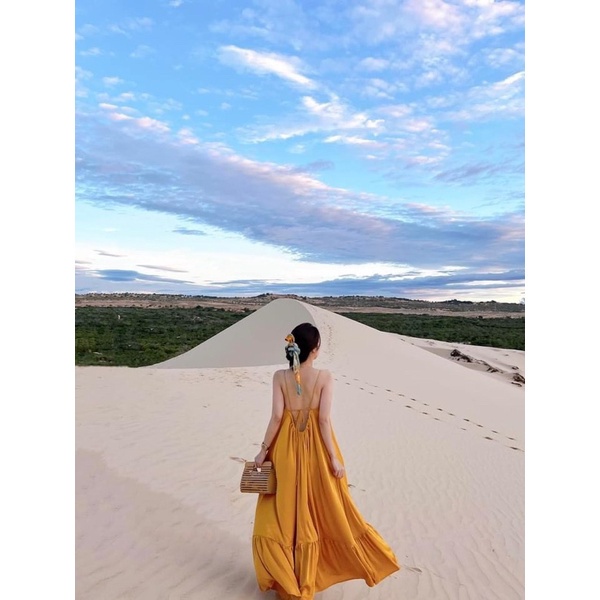 Váy maxi lụa cổ buộc dây xoè tầng thắt dây lưng siêu hot kèm cột tóc 3 màu đủ size S M L Huyen hip