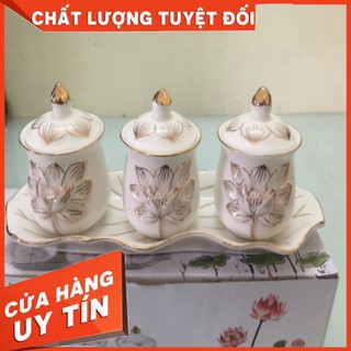 Bộ 3 chung có nắp đậy. Sứ bạch ngọc trắng hoa sen nổi cao cấp _