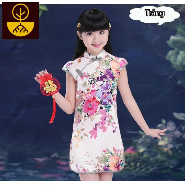 Sườn sám cách tân bé gái, in hoa sành điệu, chất phi lụa mềm mịn - Quần áo trẻ em - Mi Mi shop (190316)