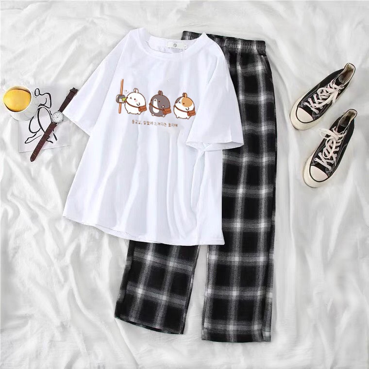 Sét áo Phông Hạt mầm + quần kẻ đen, Áo thun from rộng, Chất đẹp không xù, Sét bộ mặc ở nhà - MODY