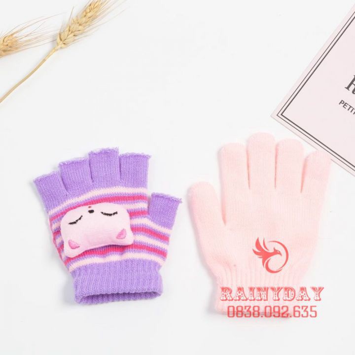 Găng tay Bao tay len trẻ em cho bé trai gái mùa đông cực ấm 2 trong 1 hình thú xinh cute dễ thương