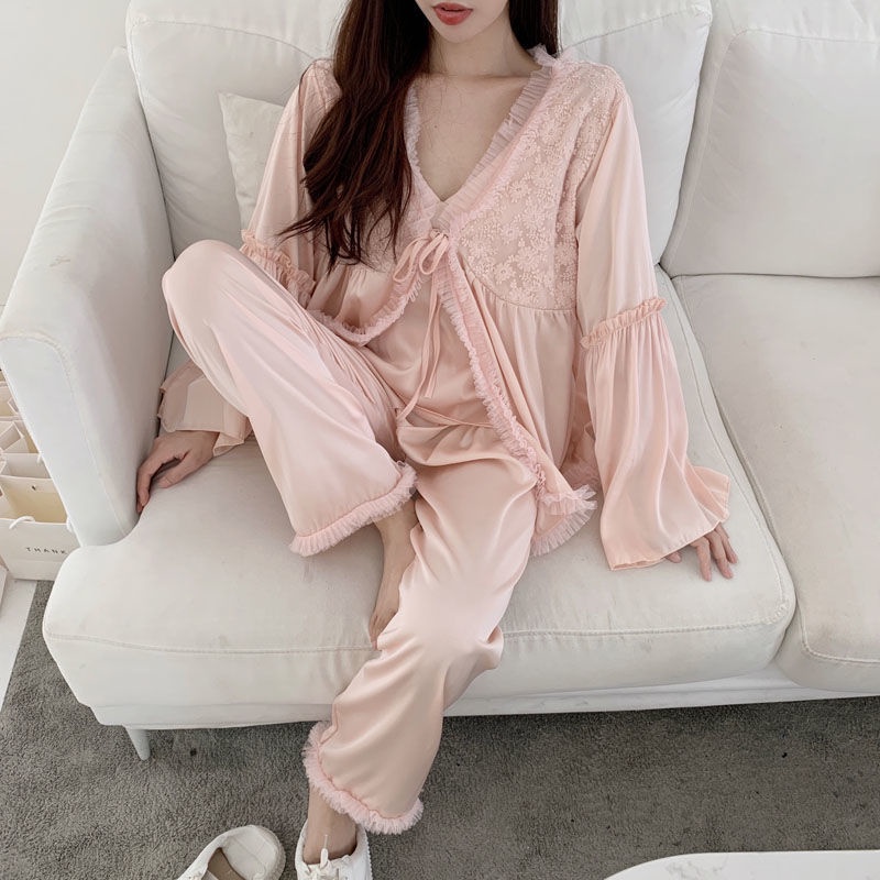 Bộ đồ ngủ bằng lụa lạnh phối ren eo co giãn thời trang mùa thu mới quyến rũ cho nữ