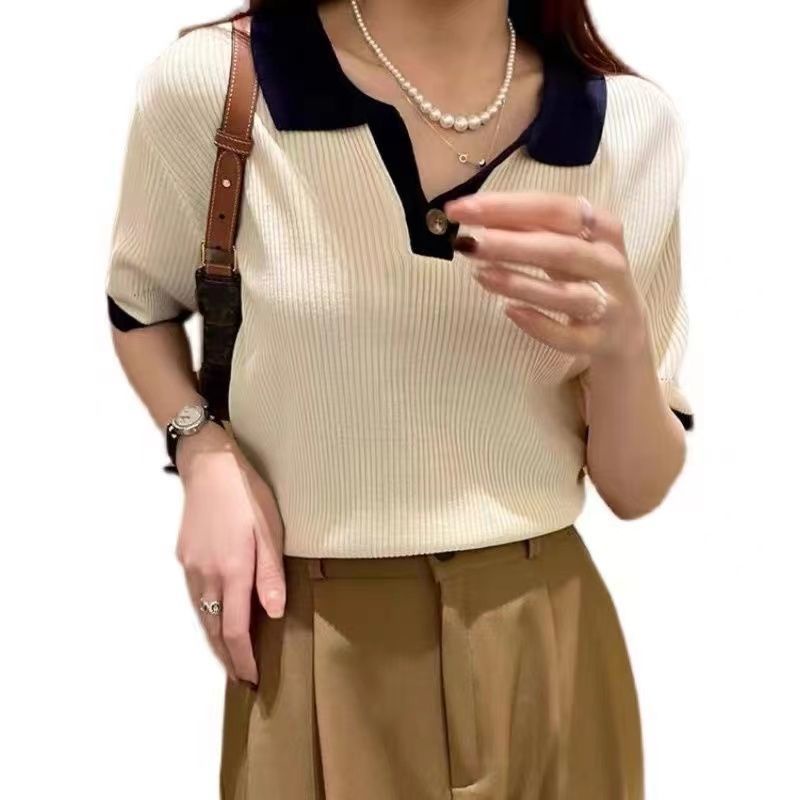 Áo Thun Lụa Lạnh Dệt Kim Mỏng Cổ Polo Ngắn Tay Thời Trang Hè Sành Điệu Dành Cho Nữ