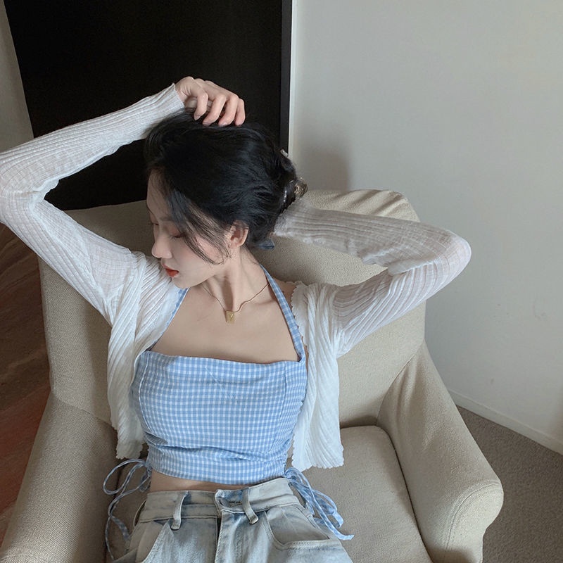 Áo Khoác Cardigan Mỏng Chống Nắng Kèm Đầm Hai Dây Thời Trang Mùa Hè Cho Nữ